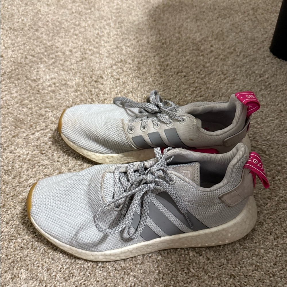 Adidas Light Gray Sneakers with Pink Highlights
